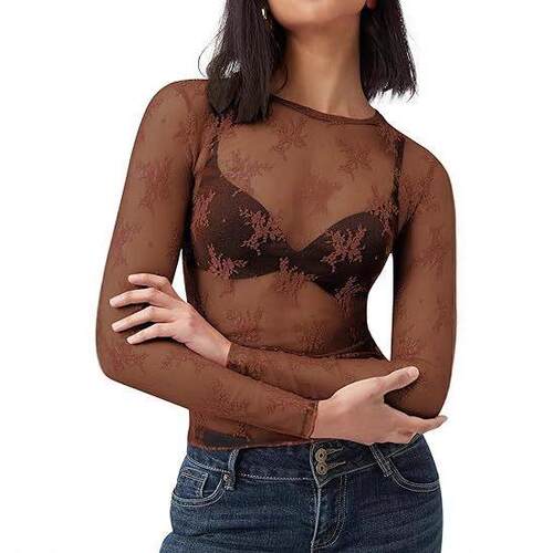 Womens Mesh Tops Lace Spring Sleeve Shirts Slim Fitted