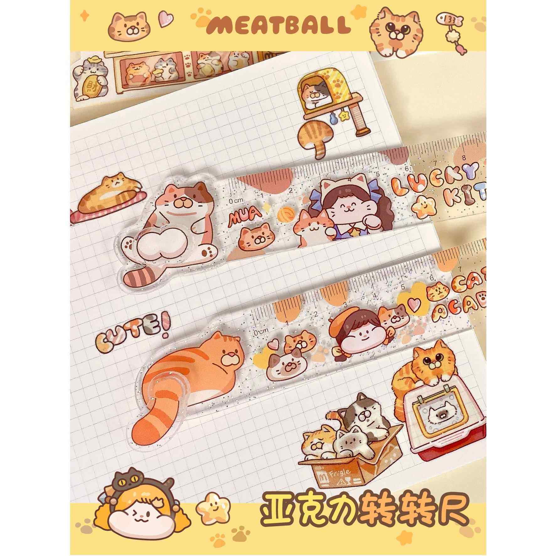 Meatball肉球猫系亚克力手帐收纳转转尺子可爱卡通刻度可爱猫咪