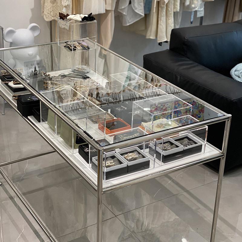 服装店饰品店中间摆放玻璃不锈钢展示台中岛陈列架电脑办公桌货架
