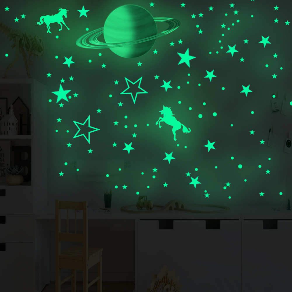 HZY914C手绘土星夜光星星飞马墙贴 儿童房装饰发光五角星球墙贴纸