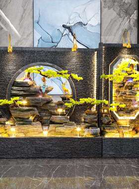 假山水幕墙鱼缸流水墙屏客厅庭院鱼风池布造景装瀑饰摆招财景WDQ