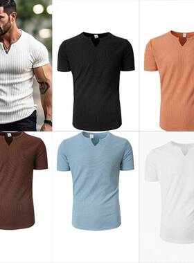 Men's Ribbed V-Neck T-Shirt Short Sleeve Notched Collar