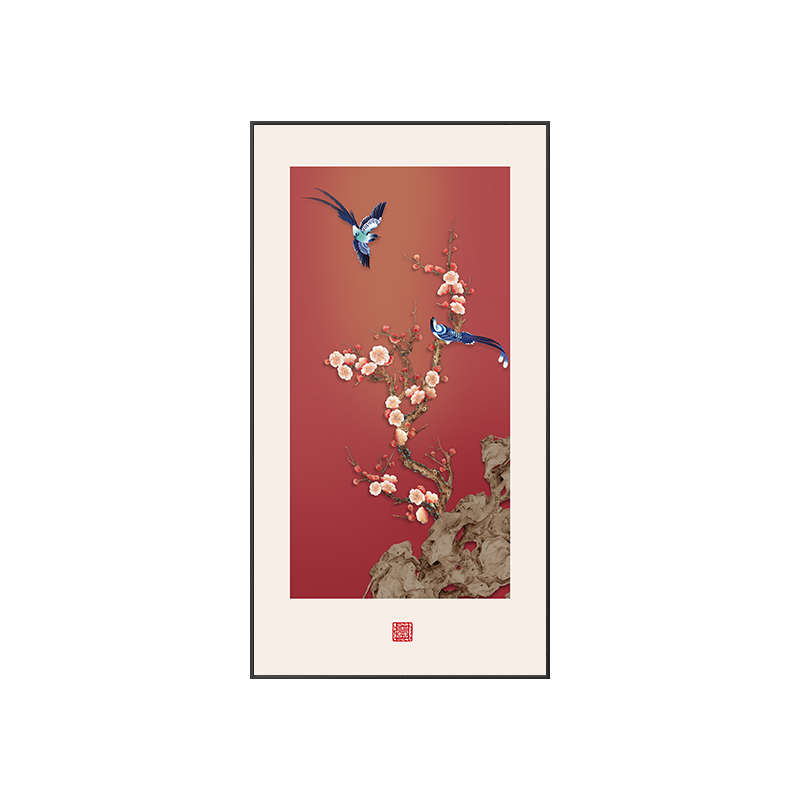 喜气盈门玄关装饰画新中式竖版寓意好花鸟挂画走廊过道高级感壁画