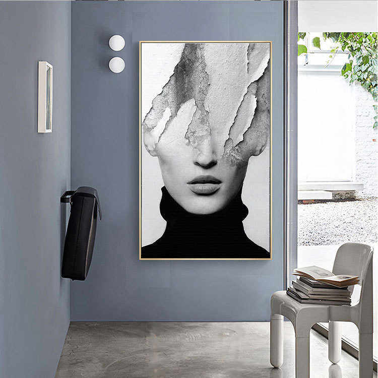 抽象装饰画黑白玄关画竖版创意个性北欧现代简约人物挂画酒店壁画