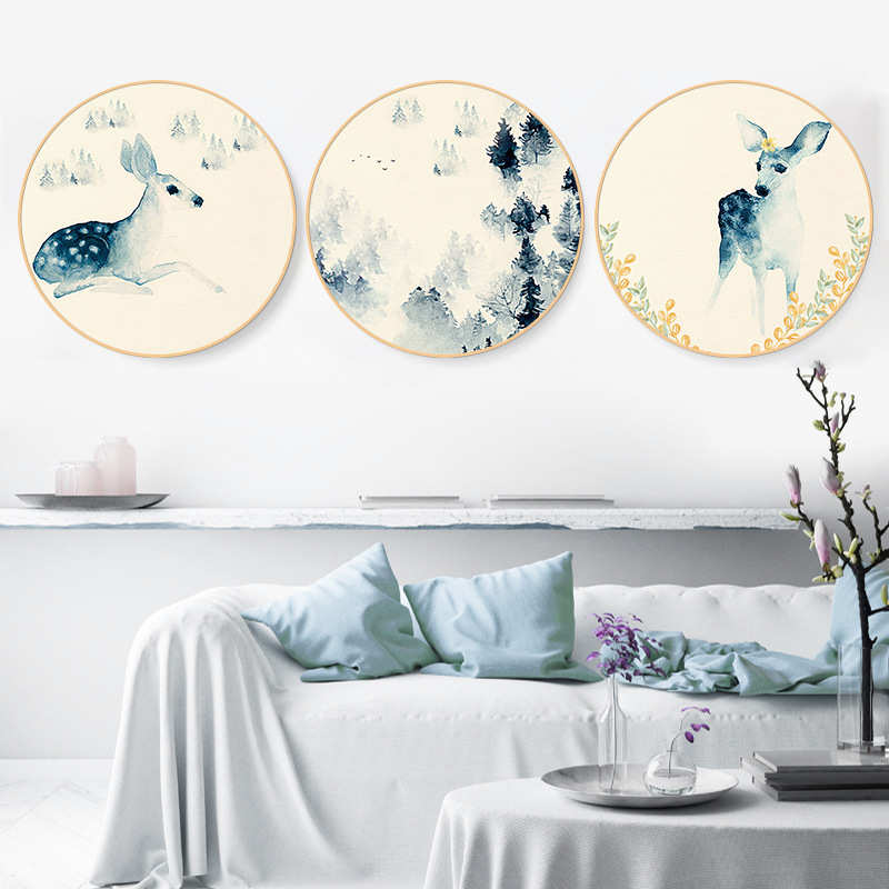 现代北欧小清新客厅装饰画圆形壁画实木圆框餐厅挂画卧室床头画鹿图片