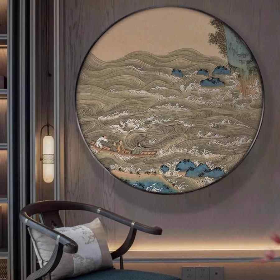 新中酒店大堂TCF形画客厅茶挂室玄关走圆廊壁画式国风山水楼阁装