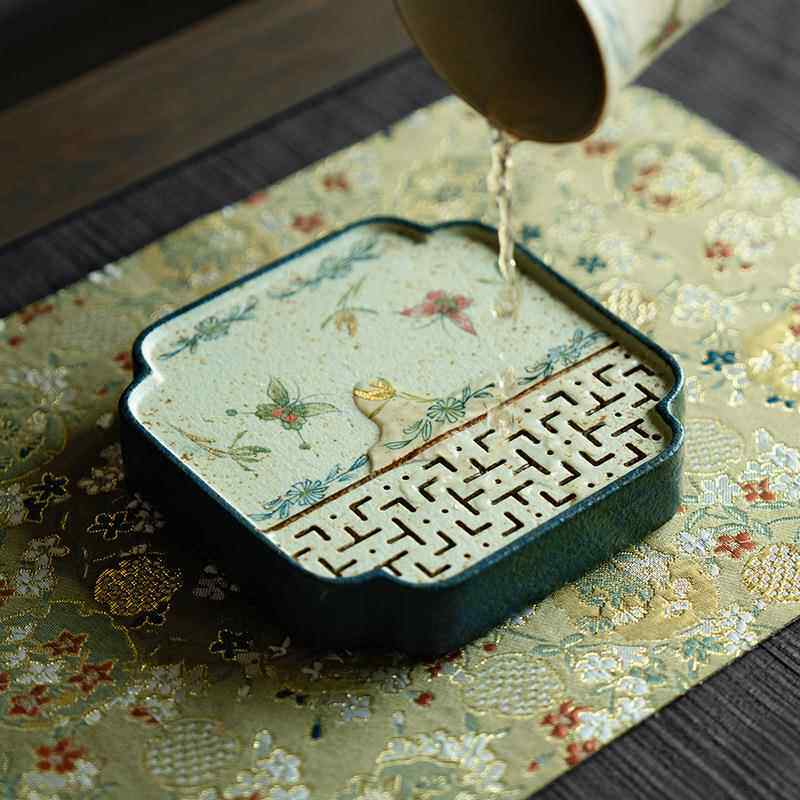 青花火石红陶瓷创意纯手绘蝴蝶兰花储水壶承家用干泡茶台茶托