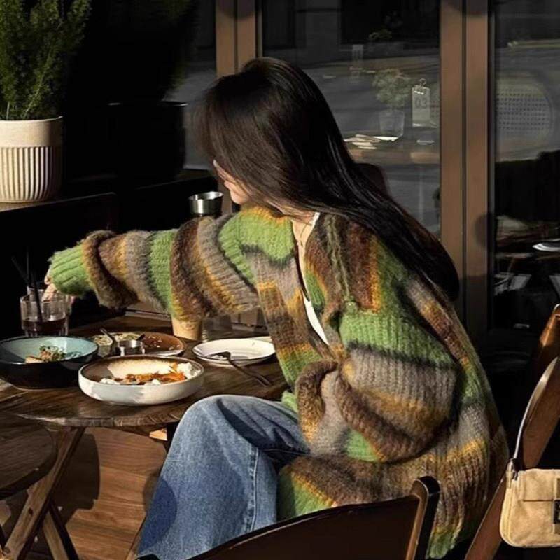 慵懒风覆古撞色条纹毛衣外套女2025秋冬季新款宽松软糯针织开 衫