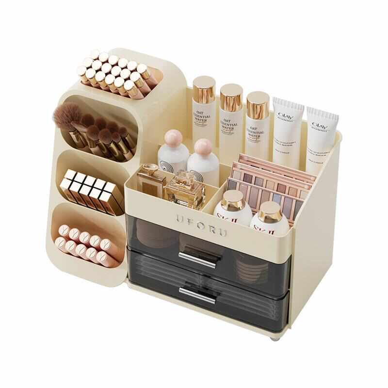 奶油风化妆品收纳盒桌面梳妆台置物架抽屉式化妆刷口红分格收纳架