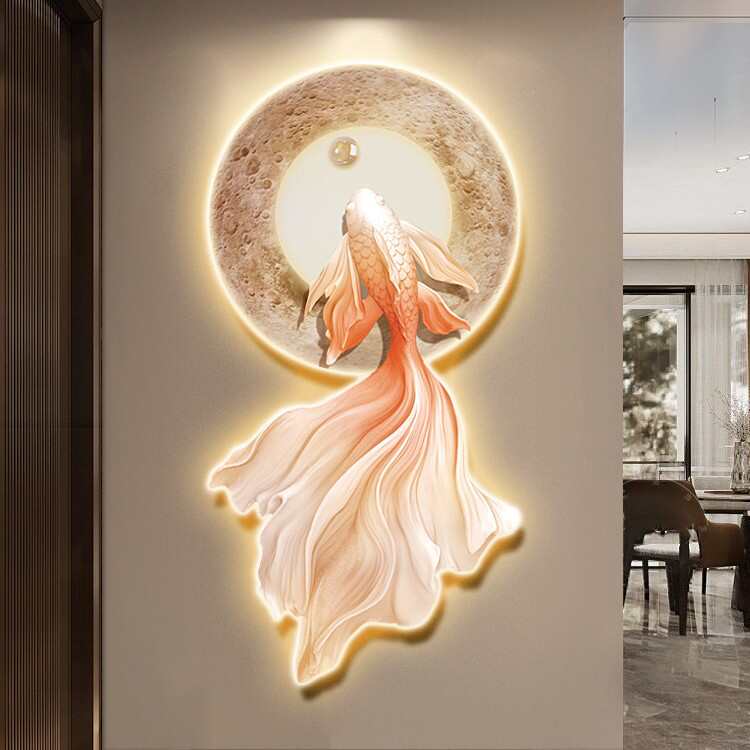 立体玄关装饰画九鱼图走廊过道挂画led灯光画正对门高级感造型画图片