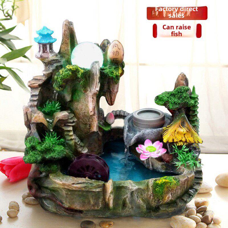 桌面假山流水喷泉招财风水轮工艺品盆景摆件家居创意山水盆景加湿