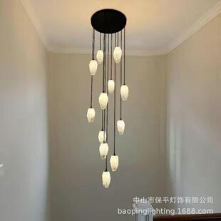 新款直销复式楼楼梯长吊灯现代新中式别墅客厅楼中楼旋转楼梯餐厅