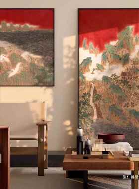 新中式大幅红色山水组合装饰画别墅酒店客厅茶室挂画民宿餐厅壁画