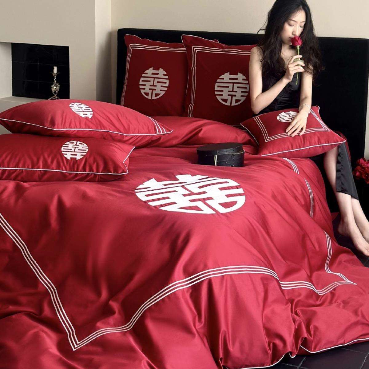 囍丨婚庆款结婚长绒棉红色四件套绣花被套婚房床上用品