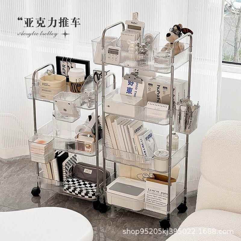 透明亚克力小推车床头卧室书架零食收纳架子浴室移动化妆品置物架