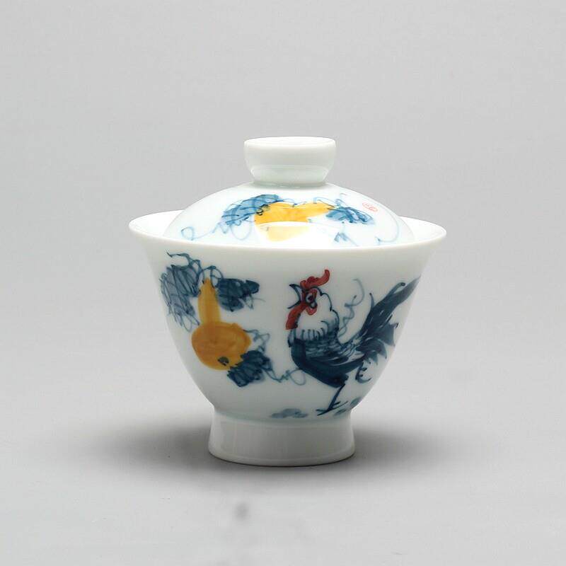 林夕功夫茶具陶瓷盖碗无托茶碗纯手绘高脚盖碗手抓碗泡茶碗二才碗