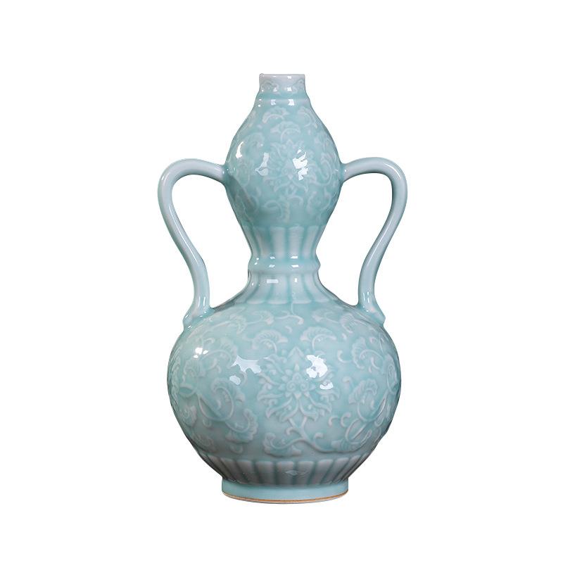 景德镇陶瓷装饰花瓶浮雕葫芦瓷器办公室工艺品影青瓷中式摆件手工