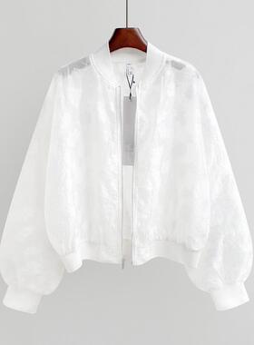 韩国夏季新款薄款蕾丝棒球服宽松短款外套开衫白色时尚洋派防晒衣