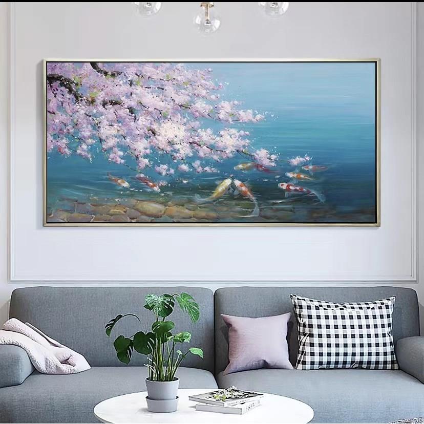 手绘油画欧式樱花九鱼图现代客厅装饰画卧室床头挂画玄关过道壁画图片