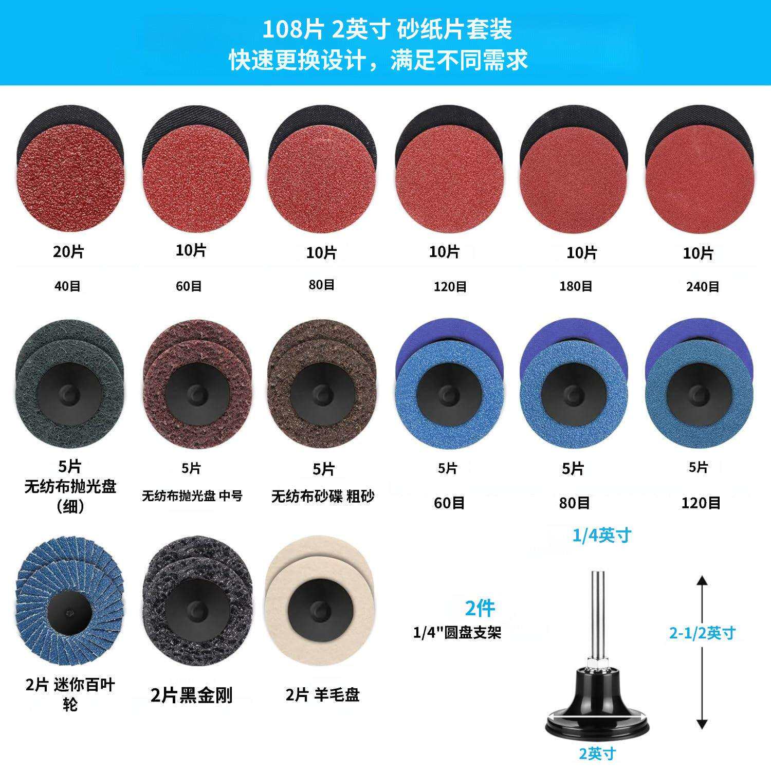 跨境货源2寸50mm转矩砂碟套装108件不织布转锁砂纸片打磨片纽扣式