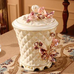 7L8K欧式 复古客厅厨房卫生间卧室收纳桶筒 陶瓷垃圾桶家用大号美式