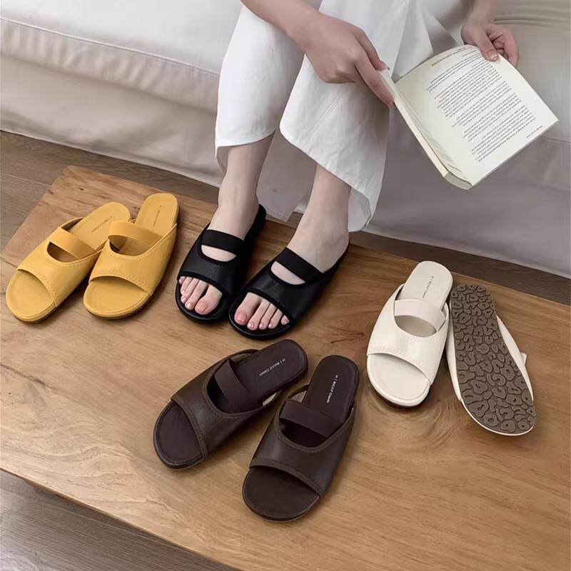 法式复古黄色绒面凉拖鞋女夏季外穿仙女外穿配裙子一字式真皮凉鞋