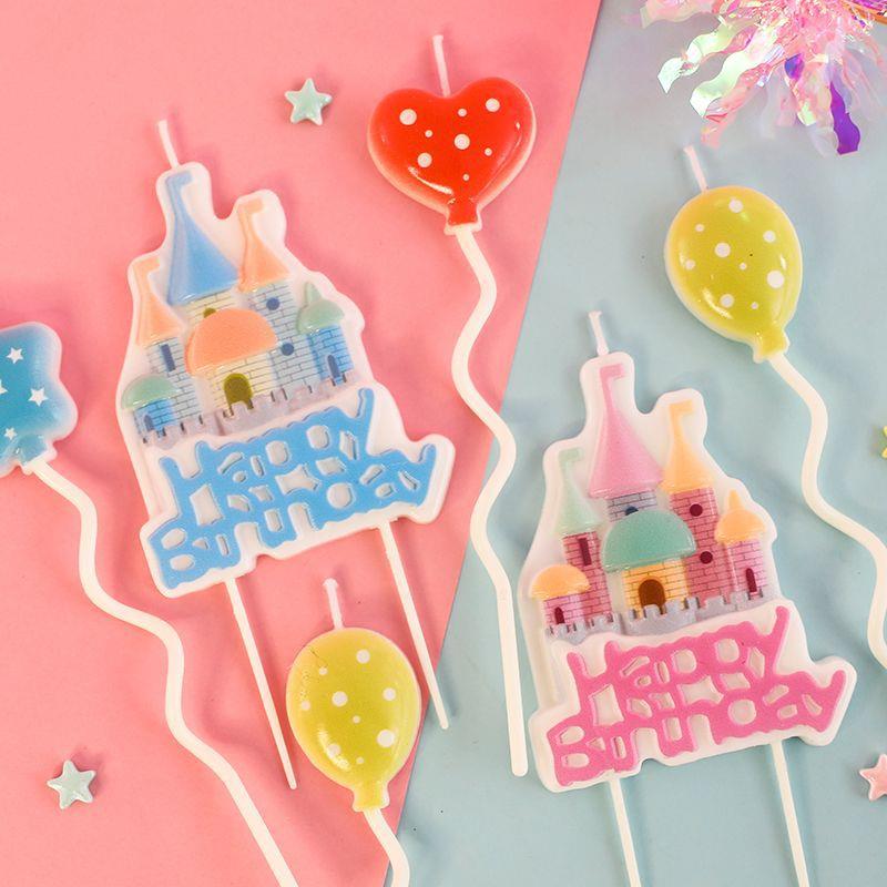 卡通粉蓝城堡气球蜡烛小公主小王子儿童生日蛋糕彩色星星蜡烛插件