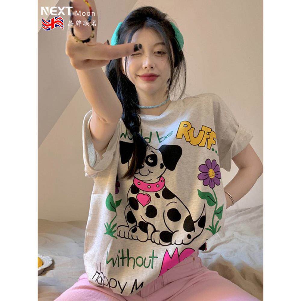 Next Moon英国联名卡通小花斑点狗印花短袖t恤女2025新款宽松显瘦