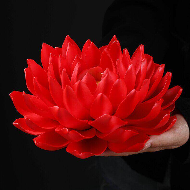 红色大莲花帝王莲陶瓷摆件佛堂装饰品手工仿真瓷花创意办公桌摆设