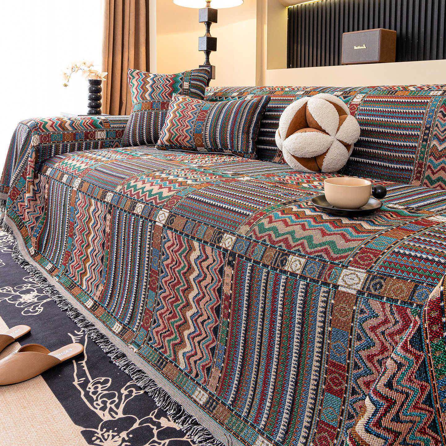 复古风一片式全盖沙发巾四季通用防滑盖布耐磨防猫抓耐脏套罩盖巾