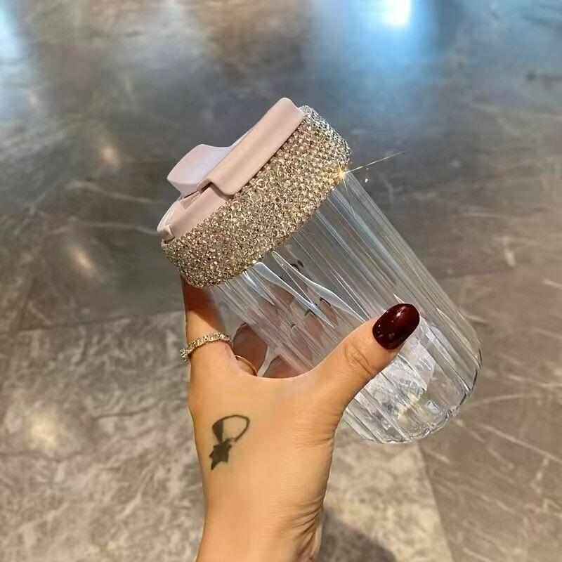 轻奢水杯高颜值镶钻便携多功能家用玻璃杯创意办公吸管杯欧美外贸