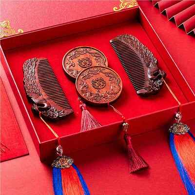 【MGD32子8人】紫檀木梳子订婚结婚1喜梳子镜一对陪嫁套装妆礼盒