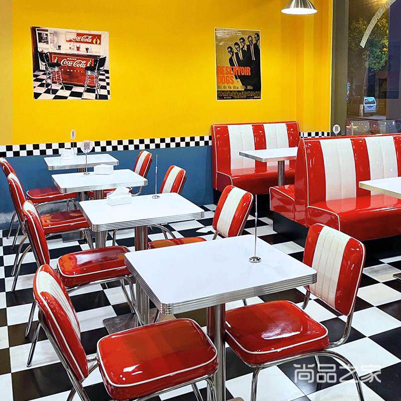 美式复古快餐桌椅组合 适用于港式茶餐厅双人桌椅 炸鸡店卡座桌椅