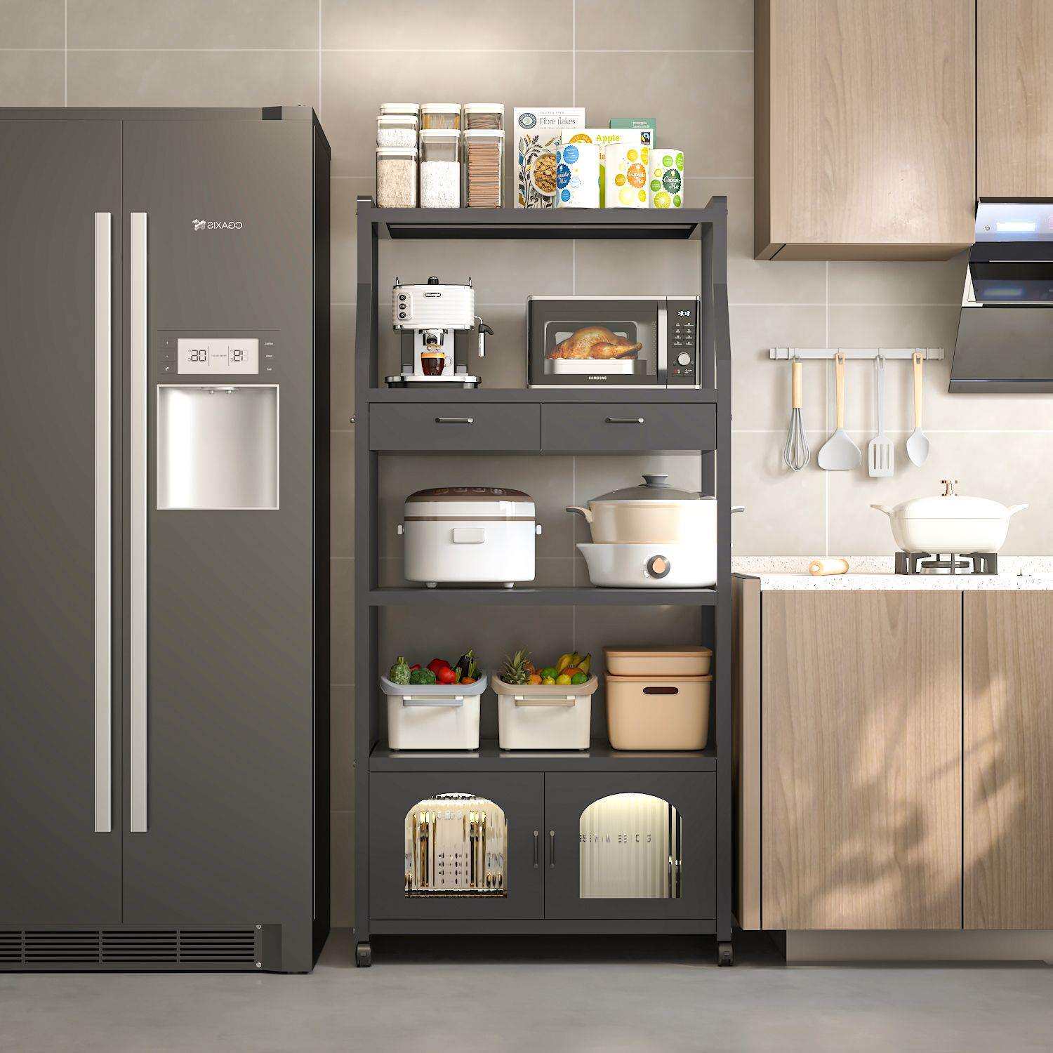 新款带轮落地式厨房置物架微波炉烤箱收纳客厅透明柜门餐边收纳柜