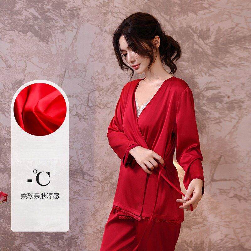 轻奢真丝睡衣女春秋桑蚕丝长袖系带蕾丝红色新婚本命年高级感套装