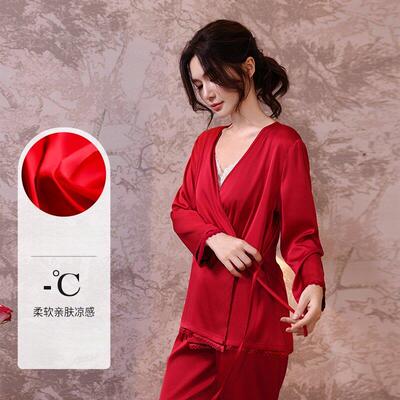 轻奢真丝睡衣女春秋桑蚕丝长袖系带蕾丝红色新婚本命年高级感套装