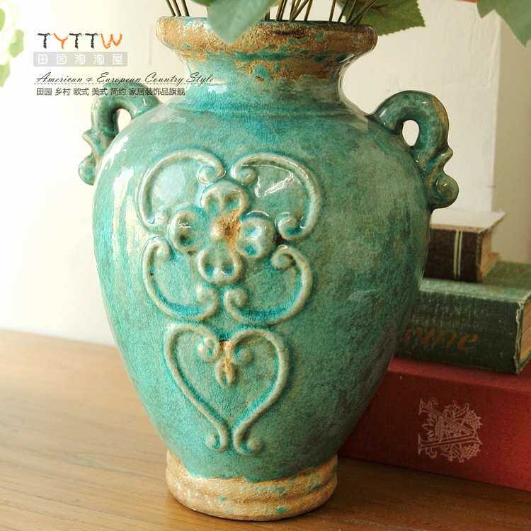 美式欧式古典地中海做旧胖罐陶瓷客餐厅桌面花瓶花器装饰工艺摆件