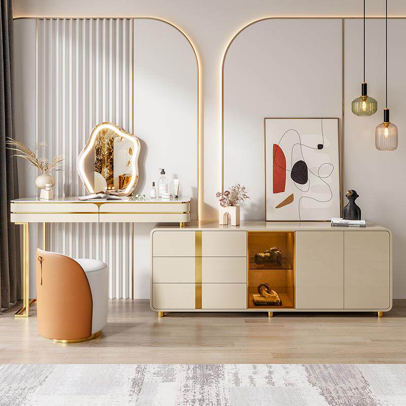 梳妆台电视柜一体组合主卧室岩板轻奢储物化妆桌连带收纳柜烤漆