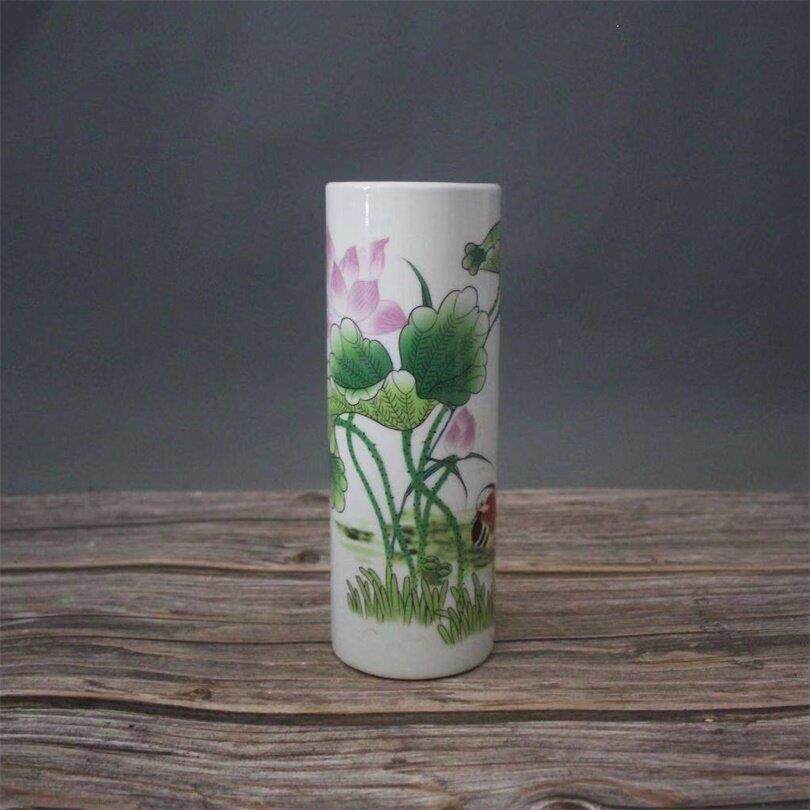 景德镇仿古瓷器乾隆粉彩鸳鸯荷花高笔筒家居装饰展柜办公摆件复古