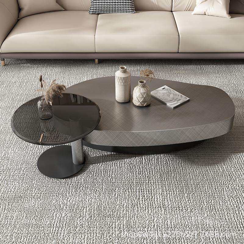 意式椭圆形茶几客厅不锈钢大小茶几电视柜带储物玻璃边几家用茶桌