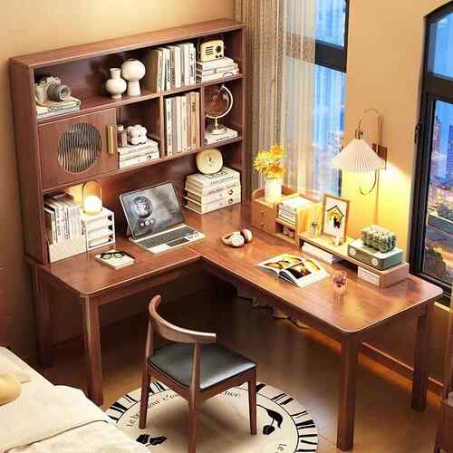 L型转角脑书桌用电7729#书架一体拐桌角学习桌椅实木办公桌卧室靠