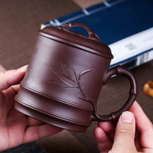办公礼品杯 宜兴紫砂杯纯手工老紫泥竹节杯大容量杯子紫砂茶杯男士
