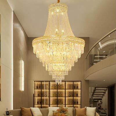 轻奢别墅中空复式楼大吊灯水晶大厅旋梯楼梯现代客厅酒店大堂灯h