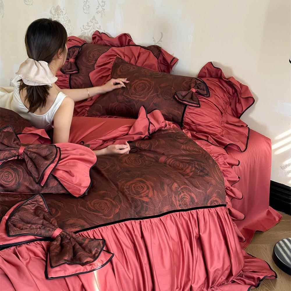 法式轻奢蝴蝶结长绒棉新婚全棉红色四件套纯棉结婚浪漫床品