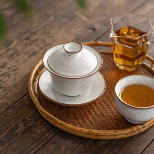 月白汝窑盖碗冰裂开片陶瓷茶杯功夫泡茶茶具大号带盖单个三才茶碗