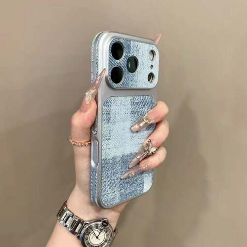 ins新款拼接牛仔布纹带拍照按键适用iPhone17promax手机壳大视窗苹果16proamx男女15/14高级13情侣防摔保护套
