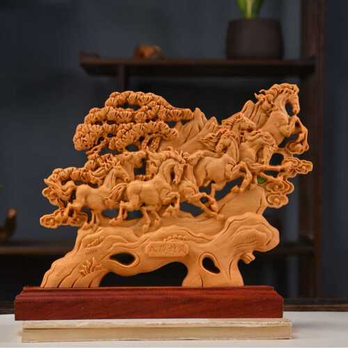 雕刻骏马工艺品根雕实木崖柏开业动物摆件八马到成功太行装饰木雕