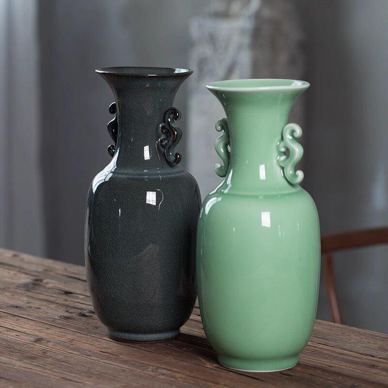 大号青瓷花瓶创意龙泉陶瓷装饰品摆件花器双耳展示柜花插花饰