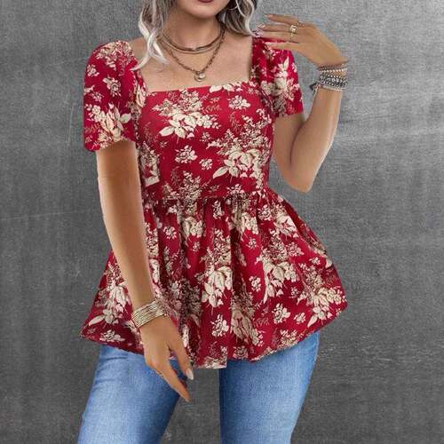Fashion Floral Print Gathered Craft Large Size Top Blouse