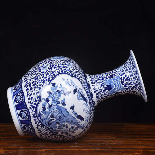 大赏莲瓶手绘景德镇 陶瓷大落地枝摆件缠花鸟花瓶装饰青花瓷摆件